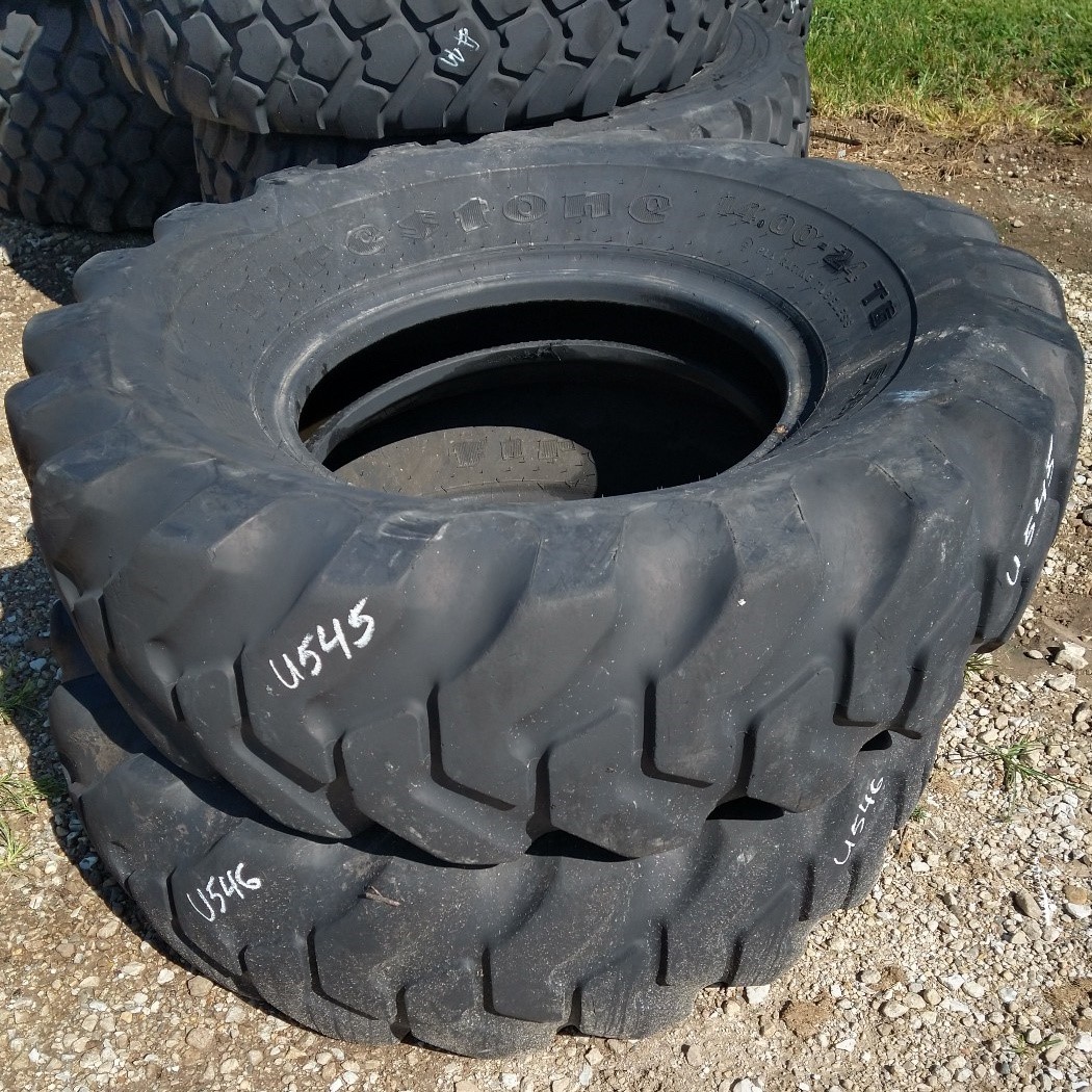 <font color='#da2127' font size ='2'><b>14.00X24 Firestone OTR Tire E-2 L-2 G-2 SGG Super Ground Grip 12-Ply </font></b><br><font size ='1' color='grey'>CONDITION: </font><font size ='2'>Used<br><font size ='1' color='grey'>TREAD DEPTH:</font><font size ='2'> 17/32nds<br><font size ='1' color='grey'>DETAILS:</font><font size ='2'> Clean<br><font size ='1' color='grey'>REF #:</font><font size ='2'> U546<br><font size ='1' color='grey'>LOCATION:</font><font size ='2'> Gilson, IL