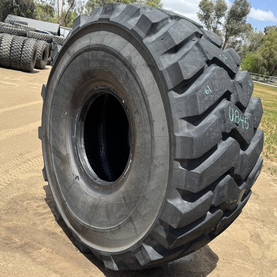 <font color='#da2127' font size ='2'><b>33.25R29 Michelin OTR Tire E-3 XTS 2-Star </font></b><br><font size ='1' color='grey'>CONDITION: </font><font size ='2'>Used<br><font size ='1' color='grey'>TREAD DEPTH:</font><font size ='2'>  58/32nds<br><font size ='1' color='grey'>DETAILS:</font><font size ='2'> Clean<br><font size ='1' color='grey'>REF #:</font><font size ='2'> U845<br><font size ='1' color='grey'>LOCATION:</font><font size ='2'> San Jacinto, CA