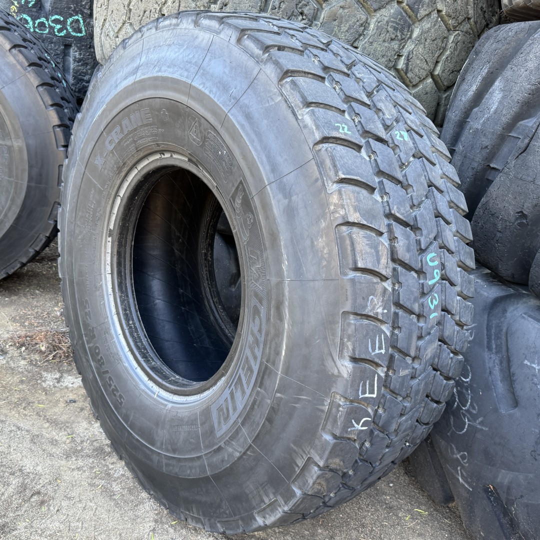 <font color='#da2127' font size ='2'><b>525/80R25 Michelin OTR Tire E-2 Crane X-Crane 176F </font></b><br><font size ='1' color='grey'>CONDITION: </font><font size ='2'>Used<br><font size ='1' color='grey'>TREAD DEPTH:</font><font size ='2'> 25/32nds<br><font size ='1' color='grey'>DETAILS:</font><font size ='2'> Clean, Slight Shoulder Wear on One Side (20.5R25)<br><font size ='1' color='grey'>REF #:</font><font size ='2'> U931<br><font size ='1' color='grey'>LOCATION:</font><font size ='2'> San Jacinto, CA