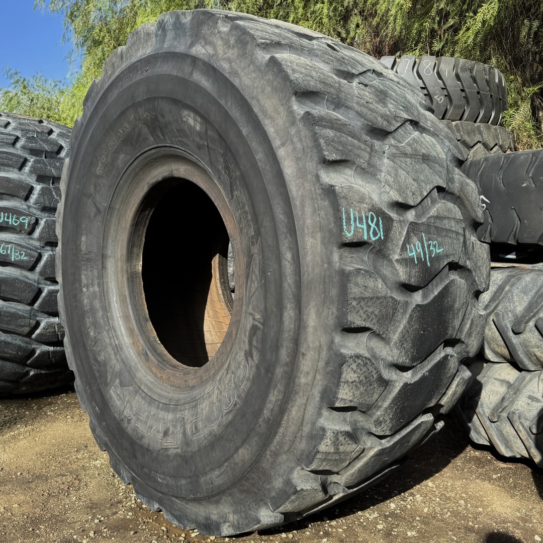 <font color='#da2127' font size ='2'><b>40.5/75R39 Goodyear OTR Tire E-3 RT3A+ 2-Star </font></b><br><font size ='1' color='grey'>CONDITION: </font><font size ='2'>Used<br><font size ='1' color='grey'>TREAD DEPTH:</font><font size ='2'> 49/32nds<br><font size ='1' color='grey'>DETAILS:</font><font size ='2'> Clean<br><font size ='1' color='grey'>REF #:</font><font size ='2'> U481<br><font size ='1' color='grey'>LOCATION:</font><font size ='2'> San Jacinto, CA