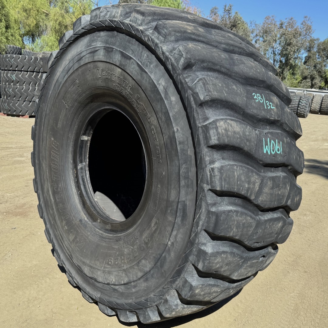 <font color='#da2127' font size ='2'><b>33.25R29 Bridgestone OTR Tire E-3 L-3 VLT 2-Star </font></b><br><font size ='1' color='grey'>CONDITION: </font><font size ='2'>Used<br><font size ='1' color='grey'>TREAD DEPTH:</font><font size ='2'> 38/32nds<br><font size ='1' color='grey'>DETAILS:</font><font size ='2'> Clean, Mildly Aged Tread, Minor Cuts on One Sidewall<br><font size ='1' color='grey'>REF #:</font><font size ='2'> W061<br><font size ='1' color='grey'>LOCATION:</font><font size ='2'> San Jacinto, CA