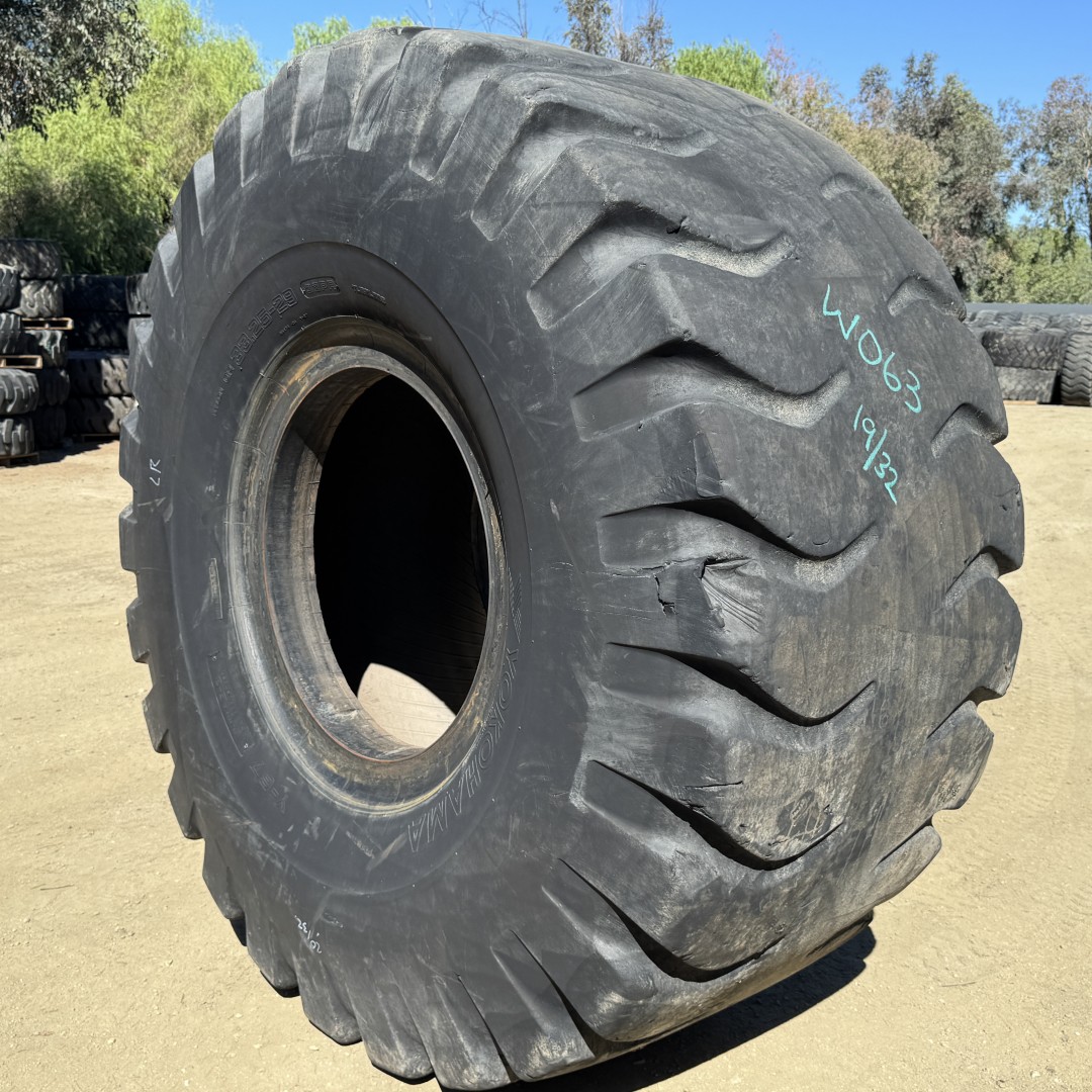 <font color='#da2127' font size ='2'><b>33.25X29 Yokohama OTR Tire E-3 L-3 G-3 IND-3 Y67 32-Ply </font></b><br><font size ='1' color='grey'>CONDITION: </font><font size ='2'>Used<br><font size ='1' color='grey'>TREAD DEPTH:</font><font size ='2'> 19/32nds<br><font size ='1' color='grey'>DETAILS:</font><font size ='2'> Clean<br><font size ='1' color='grey'>REF #:</font><font size ='2'> W063<br><font size ='1' color='grey'>LOCATION:</font><font size ='2'> San Jacinto, CA