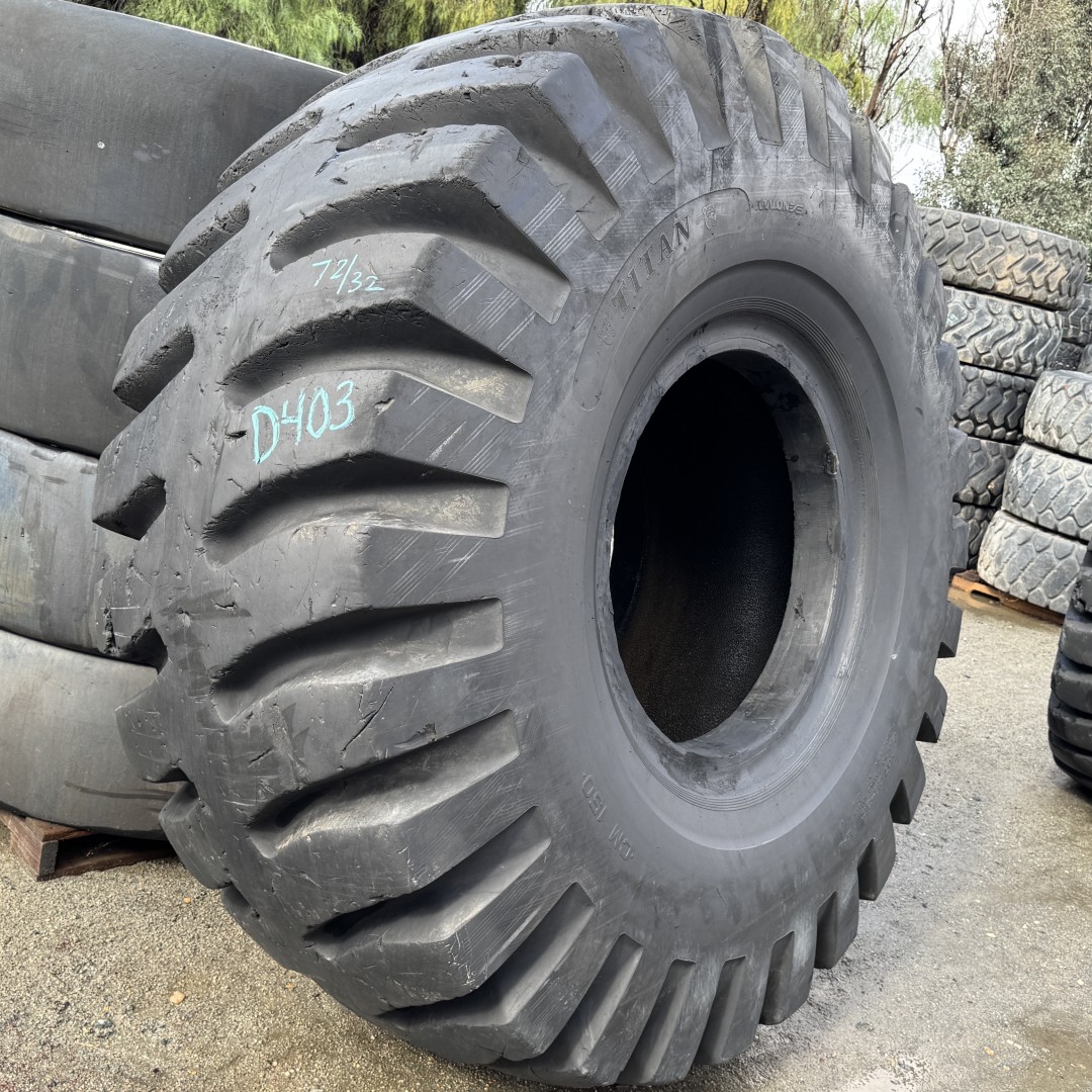 <font color='#da2127' font size ='2'><b>37.25X35 Titan OTR Tire E-4 CM150 CM 150 36-Ply </font></b><br><font size ='1' color='grey'>CONDITION: </font><font size ='2'>Used<br><font size ='1' color='grey'>TREAD DEPTH:</font><font size ='2'> 72/32nds<br><font size ='1' color='grey'>DETAILS:</font><font size ='2'> Clean, Tread & Bead Spots<br><font size ='1' color='grey'>REF #:</font><font size ='2'> D403<br><font size ='1' color='grey'>LOCATION:</font><font size ='2'> San Jacinto, CA