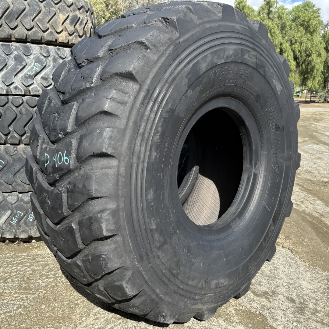 <font color='#da2127' font size ='2'><b>37.25R35 Bridgestone OTR Tire E-2 VKT 2-Star </font></b><br><font size ='1' color='grey'>CONDITION: </font><font size ='2'>Used<br><font size ='1' color='grey'>TREAD DEPTH:</font><font size ='2'> 40/32nds<br><font size ='1' color='grey'>DETAILS:</font><font size ='2'> 1-Shoulder Section, 1-Sidewall Section, Rough Tread<br><font size ='1' color='grey'>REF #:</font><font size ='2'> D406<br><font size ='1' color='grey'>LOCATION:</font><font size ='2'> San Jacinto, CA