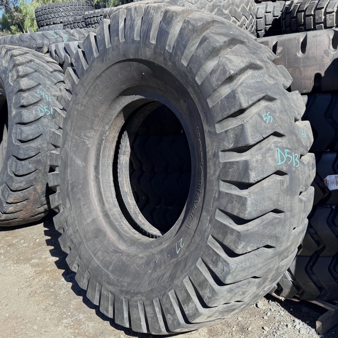 <font color='#da2127' font size ='2'><b>21.00X35 Yokohama OTR Tire E-4 IND-4 Y523 36-Ply </font></b><br><font size ='1' color='grey'>CONDITION: </font><font size ='2'>Used<br><font size ='1' color='grey'>TREAD DEPTH:</font><font size ='2'> 58/32nds<br><font size ='1' color='grey'>DETAILS:</font><font size ='2'> Clean, Minor Sidewall Wear on One Side<br><font size ='1' color='grey'>REF #:</font><font size ='2'> D513<br><font size ='1' color='grey'>LOCATION:</font><font size ='2'> San Jacinto, CA