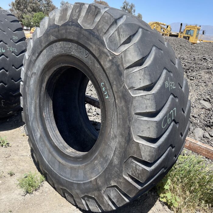 <font color='#da2127' font size ='2'><b>29.5X35 Firestone OTR Tire E-3 L-3 SRG Super Rock Grip 34-Ply </font></b><br><font size ='1' color='grey'>CONDITION: </font><font size ='2'>Used<br><font size ='1' color='grey'>TREAD DEPTH:</font><font size ='2'>  18/32nds<br><font size ='1' color='grey'>DETAILS:</font><font size ='2'> Clean, Low Tread<br><font size ='1' color='grey'>REF #:</font><font size ='2'> C677<br><font size ='1' color='grey'>LOCATION:</font><font size ='2'> Rochester, MN