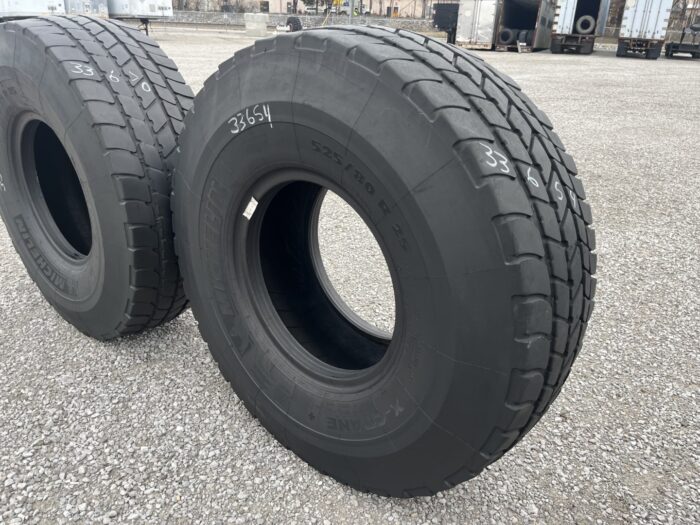 <font color='#da2127' font size ='2'><b>525/80R25 Michelin OTR Tire E-2 Crane X-Crane 2-Star </font></b><br><font size ='1' color='grey'>CONDITION: </font><font size ='2'>Used<br><font size ='1' color='grey'>TREAD DEPTH:</font><font size ='2'>  14/32nds<br><font size ='1' color='grey'>DETAILS:</font><font size ='2'> Clean, Uneven Wear<br><font size ='1' color='grey'>REF #:</font><font size ='2'> G33654<br><font size ='1' color='grey'>LOCATION:</font><font size ='2'> St. Louis, MO