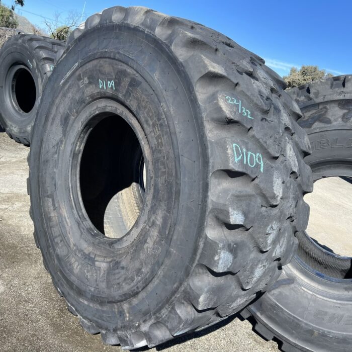 <font color='#da2127' font size ='2'><b>800/80R29 Michelin OTR Tire E-4 X-Super Terrain+ 2-Star </font></b><br><font size ='1' color='grey'>CONDITION: </font><font size ='2'>Used<br><font size ='1' color='grey'>TREAD DEPTH:</font><font size ='2'>  22/32nds<br><font size ='1' color='grey'>DETAILS:</font><font size ='2'> Clean, 1-Tread Patch, Rough Tread<br><font size ='1' color='grey'>REF #:</font><font size ='2'> D109<br><font size ='1' color='grey'>LOCATION:</font><font size ='2'> San Jacinto, CA