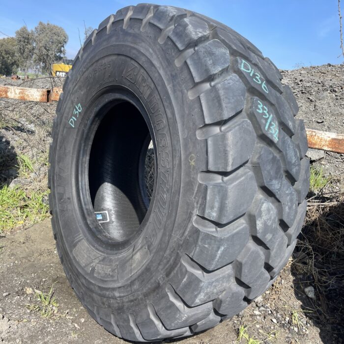 <font color='#da2127' font size ='2'><b>20.5R25 Bridgestone OTR Tire L-3 G-3 VJT 1-Star </font></b><br><font size ='1' color='grey'>CONDITION: </font><font size ='2'>Used<br><font size ='1' color='grey'>TREAD DEPTH:</font><font size ='2'>  33/32nds<br><font size ='1' color='grey'>DETAILS:</font><font size ='2'> Clean, 1-Tread Patch<br><font size ='1' color='grey'>REF #:</font><font size ='2'> D136<br><font size ='1' color='grey'>LOCATION:</font><font size ='2'> Fowler, CA