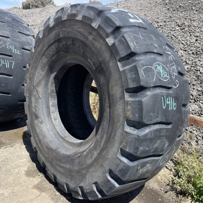 <font color='#da2127' font size ='2'><b>35/65X33 Toyo OTR Tire L-4 G64 30-Ply </font></b><br><font size ='1' color='grey'>CONDITION: </font><font size ='2'>Used<br><font size ='1' color='grey'>TREAD DEPTH:</font><font size ='2'>  24/32nds<br><font size ='1' color='grey'>DETAILS:</font><font size ='2'> Clean<br><font size ='1' color='grey'>REF #:</font><font size ='2'> U416<br><font size ='1' color='grey'>LOCATION:</font><font size ='2'> Tucson, AZ