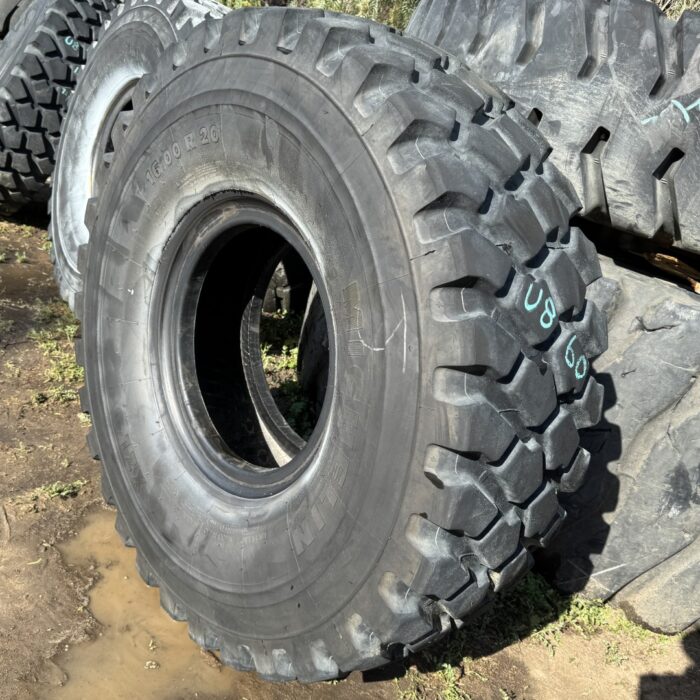 <font color='#da2127' font size ='2'><b>16.00R20 Michelin OTR Tire M-3 Off-Road XML Military  173/170G </font></b><br><font size ='1' color='grey'>CONDITION: </font><font size ='2'>Used<br><font size ='1' color='grey'>TREAD DEPTH:</font><font size ='2'>  31/32nds<br><font size ='1' color='grey'>DETAILS:</font><font size ='2'> Clean, 2017<br><font size ='1' color='grey'>REF #:</font><font size ='2'> U860<br><font size ='1' color='grey'>LOCATION:</font><font size ='2'> San Jacinto, CA