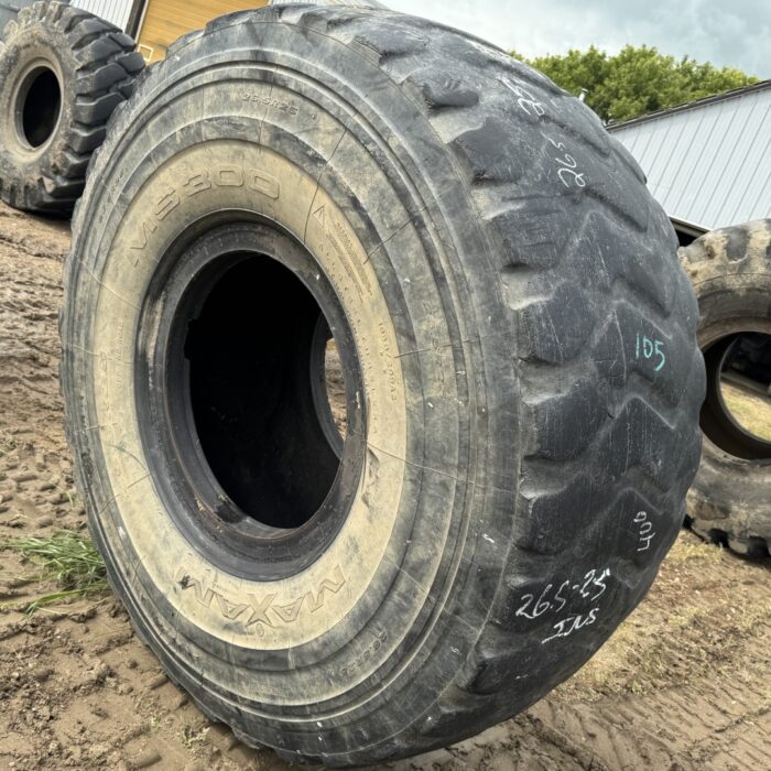 <font color='#da2127' font size ='2'><b>26.5R25 Maxam OTR Tire E-3 L-3 MS300 2-Star </font></b><br><font size ='1' color='grey'>CONDITION: </font><font size ='2'>Used<br><font size ='1' color='grey'>TREAD DEPTH:</font><font size ='2'>  10/32nds<br><font size ='1' color='grey'>DETAILS:</font><font size ='2'> Clean, Low Tread<br><font size ='1' color='grey'>REF #:</font><font size ='2'> SK105<br><font size ='1' color='grey'>LOCATION:</font><font size ='2'> Saskatoon, SK