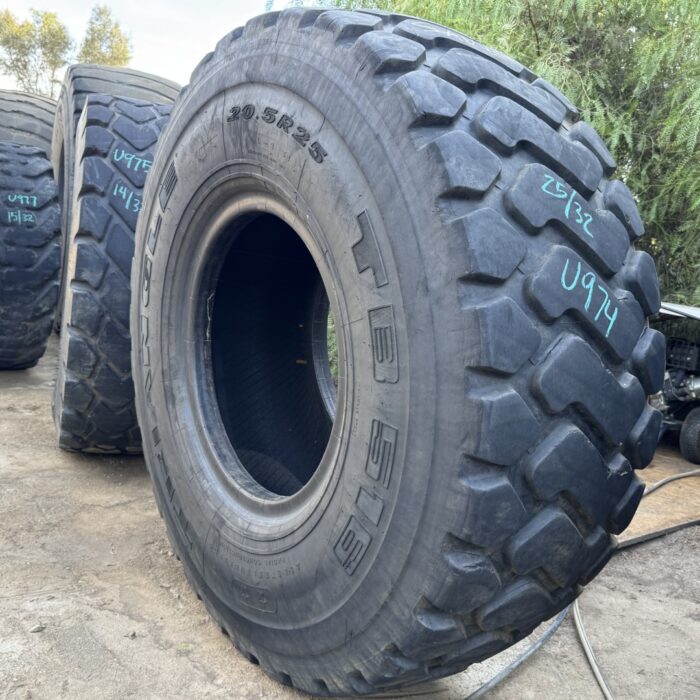 <font color='#da2127' font size ='2'><b>20.5R25 Triangle OTR Tire E-3 L-3 TB516 2-Star </font></b><br><font size ='1' color='grey'>CONDITION: </font><font size ='2'>Used<br><font size ='1' color='grey'>TREAD DEPTH:</font><font size ='2'>  25/32nds<br><font size ='1' color='grey'>DETAILS:</font><font size ='2'> Clean, Minor Lug Stress Cracks<br><font size ='1' color='grey'>REF #:</font><font size ='2'> U974<br><font size ='1' color='grey'>LOCATION:</font><font size ='2'> San Jacinto, CA