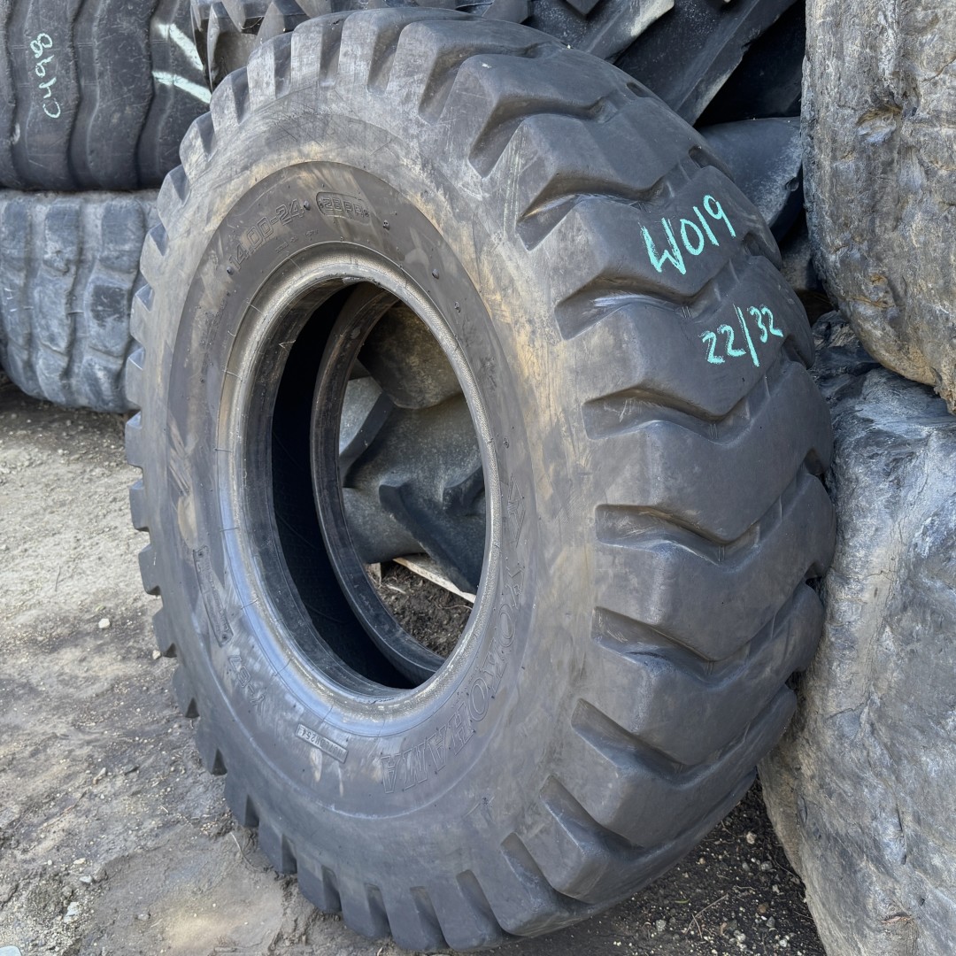 <font color='#da2127' font size ='2'><b>14.00X24 Yokohama OTR Tire E-3 L-3 G-3 IND-3 Y67 28-Ply </font></b><br><font size ='1' color='grey'>CONDITION: </font><font size ='2'>Used<br><font size ='1' color='grey'>TREAD DEPTH:</font><font size ='2'> 22/32nds<br><font size ='1' color='grey'>DETAILS:</font><font size ='2'> Clean<br><font size ='1' color='grey'>REF #:</font><font size ='2'> W019<br><font size ='1' color='grey'>LOCATION:</font><font size ='2'> San Jacinto, CA