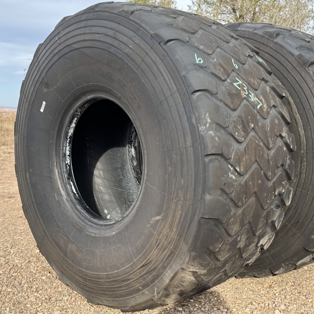 <font color='#da2127' font size ='2'><b>24R21 Michelin OTR Tire M-3 Off-Road XZL Military 16-Ply </font></b><br><font size ='1' color='grey'>CONDITION: </font><font size ='2'>Used<br><font size ='1' color='grey'>TREAD DEPTH:</font><font size ='2'> 9/32nds<br><font size ='1' color='grey'>DETAILS:</font><font size ='2'> Clean, Uneven Wear<br><font size ='1' color='grey'>REF #:</font><font size ='2'> Z337<br><font size ='1' color='grey'>LOCATION:</font><font size ='2'> Amarillo, TX