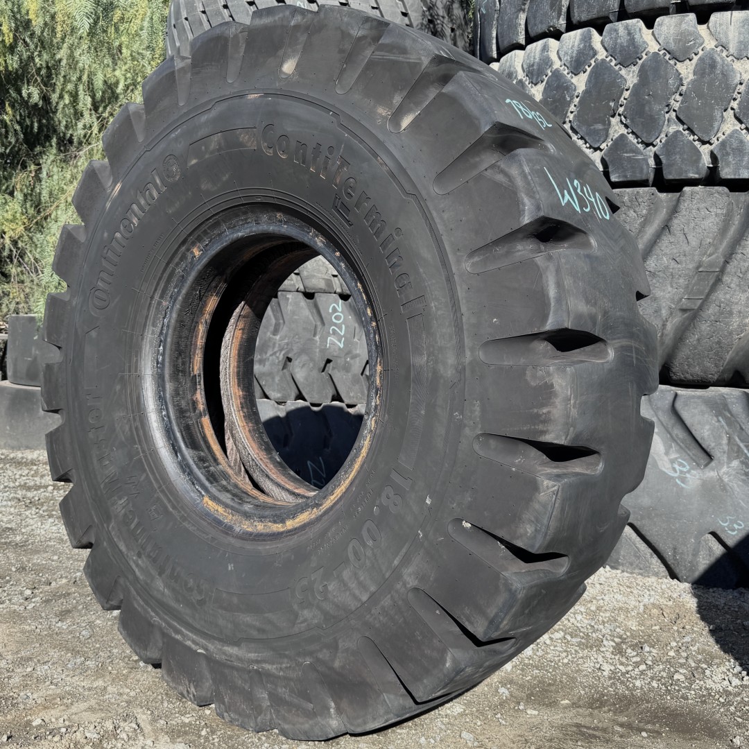 <font color='#da2127' font size ='2'><b>18.00X25 Continental OTR Tire E-4 IND-4 Container Master 40-Ply </font></b><br><font size ='1' color='grey'>CONDITION: </font><font size ='2'>Used<br><font size ='1' color='grey'>TREAD DEPTH:</font><font size ='2'> 78/32nds<br><font size ='1' color='grey'>DETAILS:</font><font size ='2'> Clean<br><font size ='1' color='grey'>REF #:</font><font size ='2'> W340<br><font size ='1' color='grey'>LOCATION:</font><font size ='2'> San Jacinto, CA