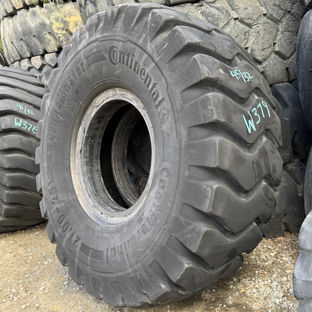 <font color='#da2127' font size ='2'><b>21.00X25 Continental OTR Tire E-4 IND-4 Container Master 40-Ply </font></b><br><font size ='1' color='grey'>CONDITION: </font><font size ='2'>Used<br><font size ='1' color='grey'>TREAD DEPTH:</font><font size ='2'> 45/32nds<br><font size ='1' color='grey'>DETAILS:</font><font size ='2'> Clean<br><font size ='1' color='grey'>REF #:</font><font size ='2'> W379<br><font size ='1' color='grey'>LOCATION:</font><font size ='2'> San Jacinto, CA