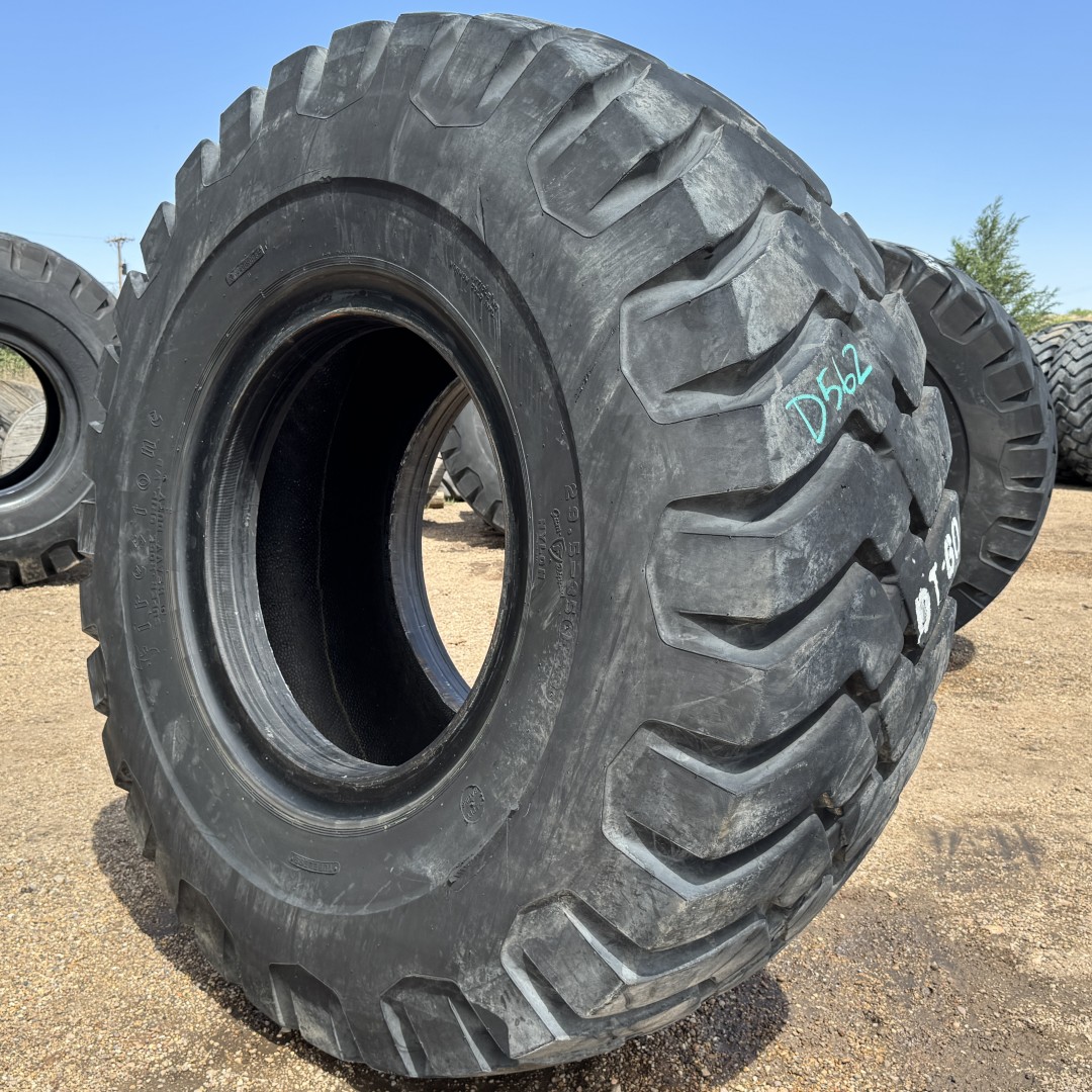 <font color='#da2127' font size ='2'><b>29.5X35 Firestone OTR Tire E-3 L-3 SRG Super Rock Grip 34-Ply </font></b><br><font size ='1' color='grey'>CONDITION: </font><font size ='2'>Used<br><font size ='1' color='grey'>TREAD DEPTH:</font><font size ='2'> 44/32nds<br><font size ='1' color='grey'>DETAILS:</font><font size ='2'> Clean, Minor Cuts on One Sidewall<br><font size ='1' color='grey'>REF #:</font><font size ='2'> D562<br><font size ='1' color='grey'>LOCATION:</font><font size ='2'> Amarillo, TX