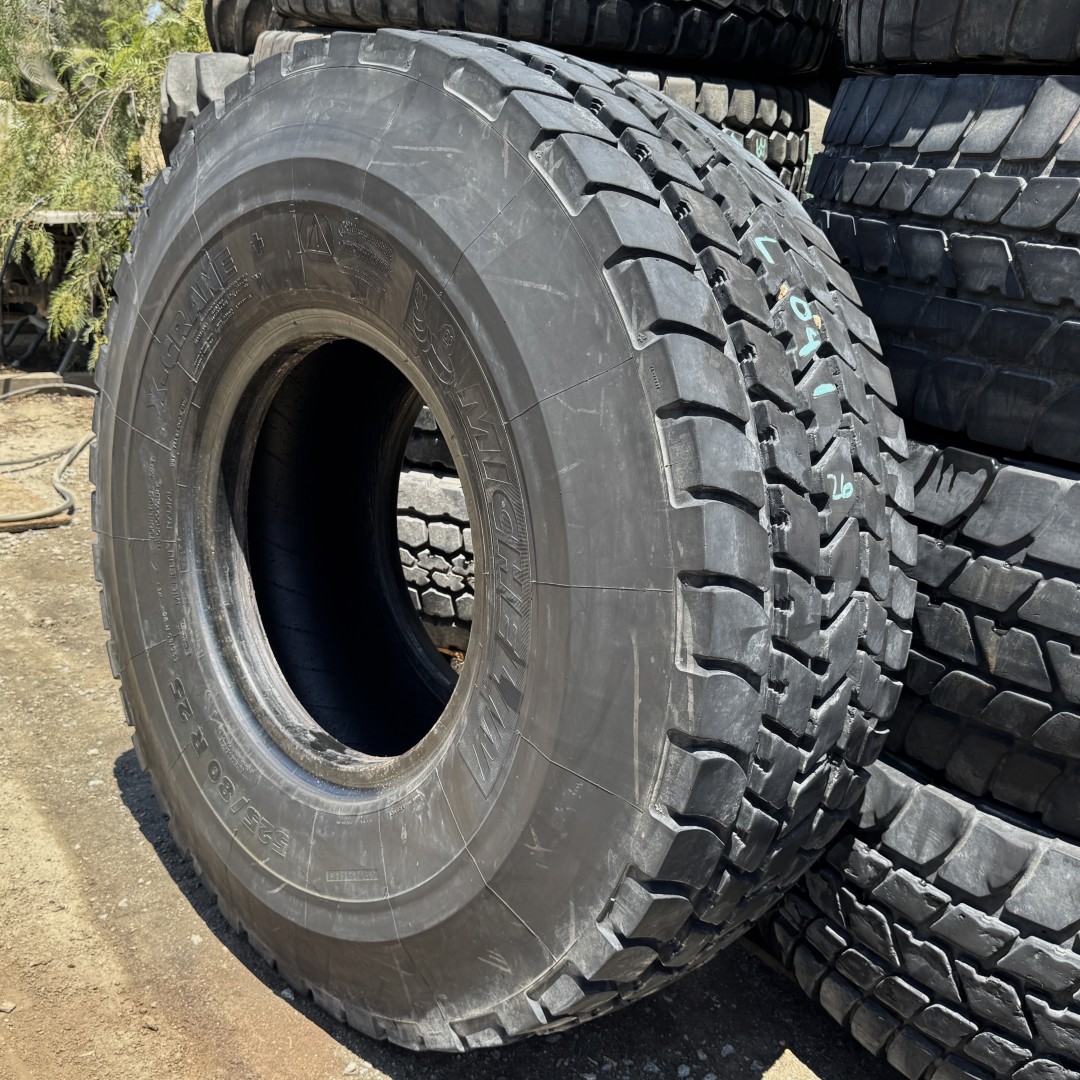 <font color='#da2127' font size ='2'><b>525/80R25 Michelin OTR Tire E-2 Crane Highway X-Crane 176F </font></b><br><font size ='1' color='grey'>CONDITION: </font><font size ='2'>Used<br><font size ='1' color='grey'>TREAD DEPTH:</font><font size ='2'> 26/32nds<br><font size ='1' color='grey'>DETAILS:</font><font size ='2'> Clean, Cupping, 20.5R25<br><font size ='1' color='grey'>REF #:</font><font size ='2'> L041<br><font size ='1' color='grey'>LOCATION:</font><font size ='2'> San Jacinto, CA