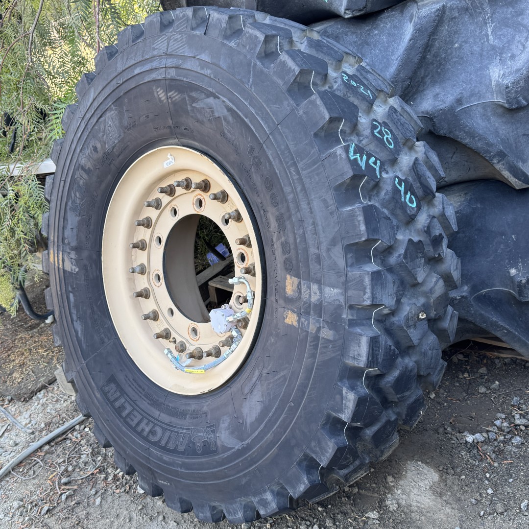 <font color='#da2127' font size ='2'><b>14.00R20 Michelin OTR Tire M-3 Off-Road XML Military 22-Ply </font></b><br><font size ='1' color='grey'>CONDITION: </font><font size ='2'>Used-Low-Hour<br><font size ='1' color='grey'>TREAD DEPTH:</font><font size ='2'> 28/32nds<br><font size ='1' color='grey'>DETAILS:</font><font size ='2'> Clean, On Rim, 2021<br><font size ='1' color='grey'>REF #:</font><font size ='2'> W440<br><font size ='1' color='grey'>LOCATION:</font><font size ='2'> San Jacinto, CA