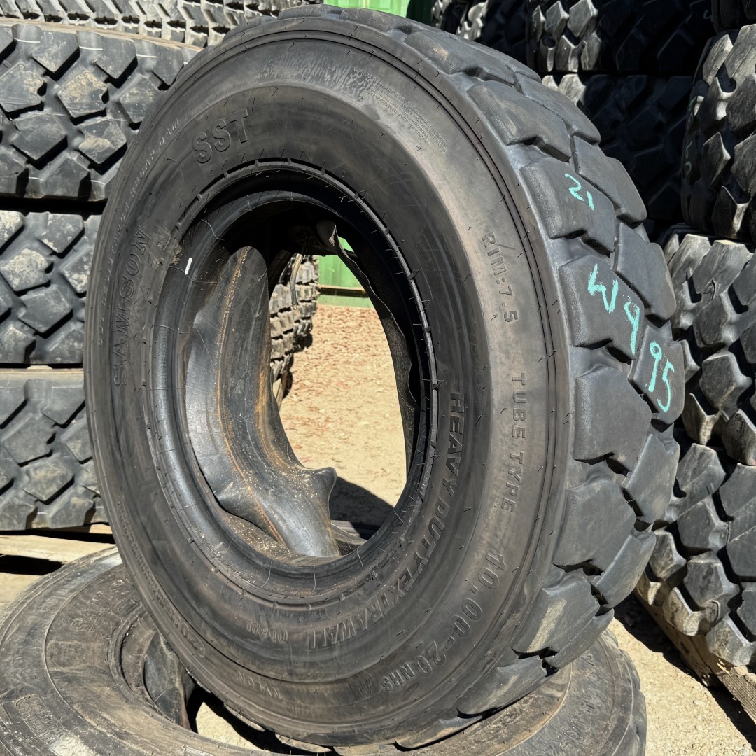 <font color='#da2127' font size ='2'><b>10.00X20 Samson OTR Tire NHS Forklift SST Heavy Duty ExtraWall 20-Ply </font></b><br><font size ='1' color='grey'>CONDITION: </font><font size ='2'>Used<br><font size ='1' color='grey'>TREAD DEPTH:</font><font size ='2'> 21/32nds<br><font size ='1' color='grey'>DETAILS:</font><font size ='2'> Clean, Tube Type<br><font size ='1' color='grey'>REF #:</font><font size ='2'> W495<br><font size ='1' color='grey'>LOCATION:</font><font size ='2'> San Jacinto, CA