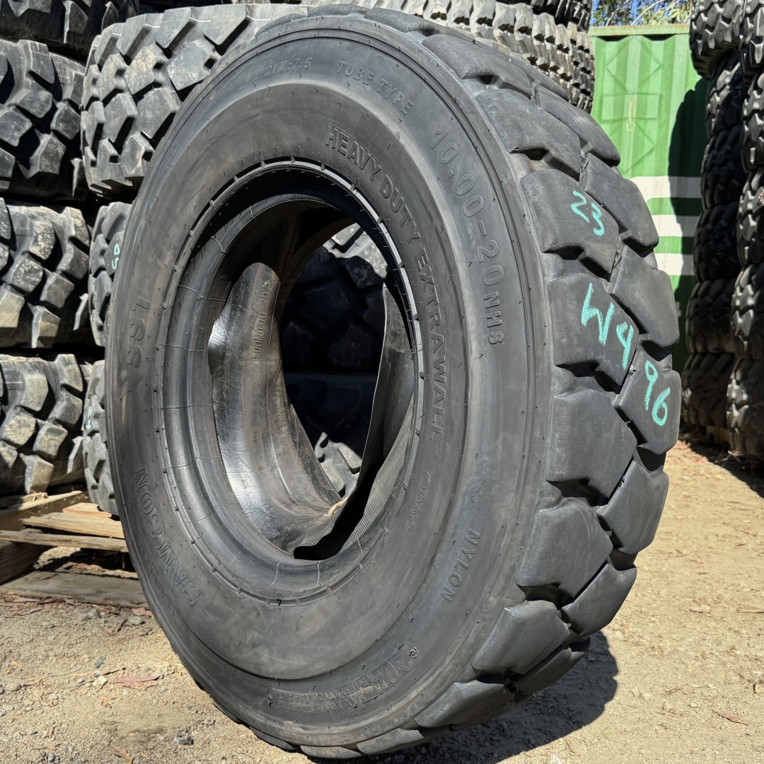 <font color='#da2127' font size ='2'><b>10.00X20 Samson OTR Tire NHS Forklift SST Heavy Duty ExtraWall 20-Ply </font></b><br><font size ='1' color='grey'>CONDITION: </font><font size ='2'>Used<br><font size ='1' color='grey'>TREAD DEPTH:</font><font size ='2'> 23/32nds<br><font size ='1' color='grey'>DETAILS:</font><font size ='2'> Clean, Tube Type<br><font size ='1' color='grey'>REF #:</font><font size ='2'> W496<br><font size ='1' color='grey'>LOCATION:</font><font size ='2'> San Jacinto, CA