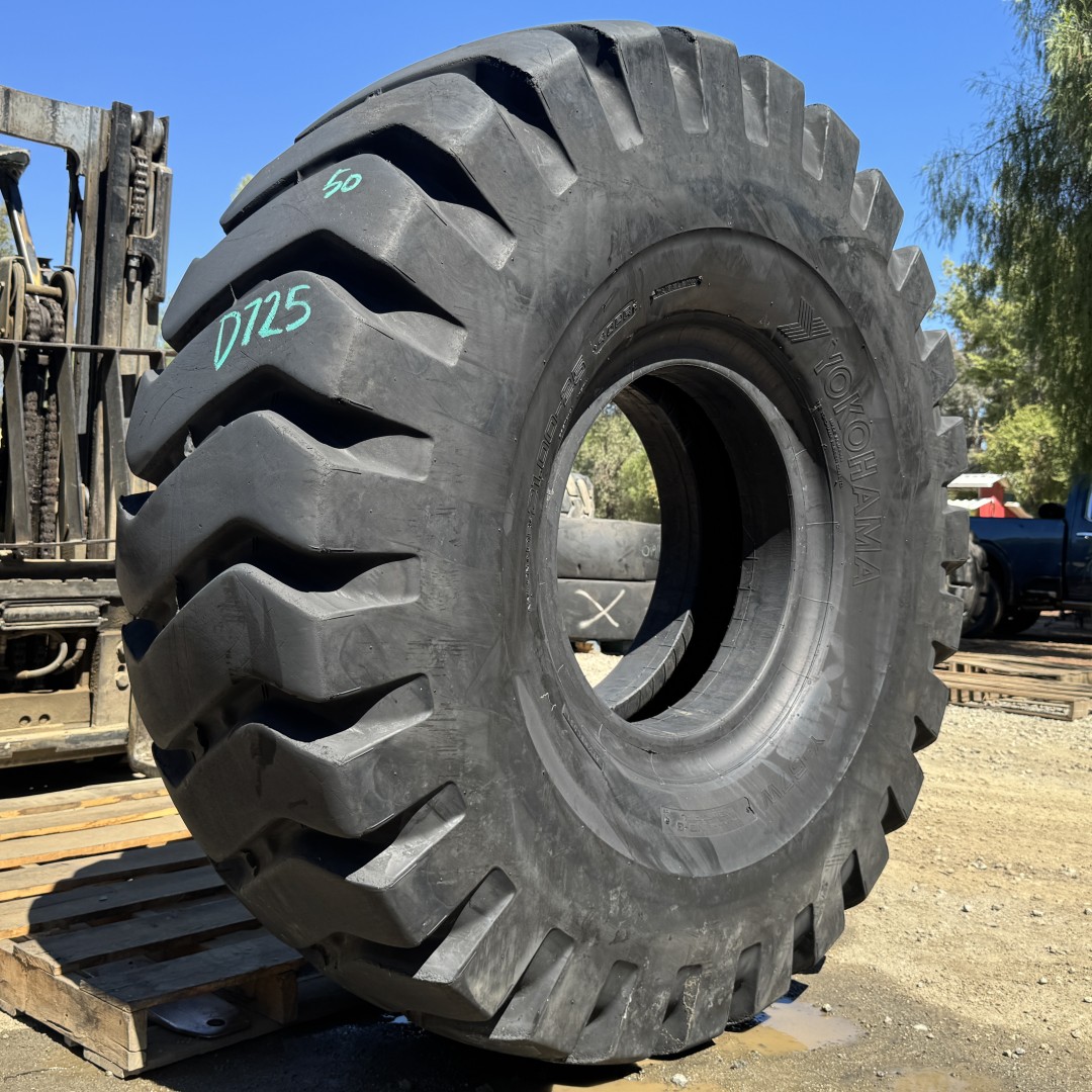 <font color='#da2127' font size ='2'><b>21.00X25 Yokohama OTR Tire IND-3 L-3 Y67W Y-67W 40-Ply </font></b><br><font size ='1' color='grey'>CONDITION: </font><font size ='2'>Used<br><font size ='1' color='grey'>TREAD DEPTH:</font><font size ='2'> 50/32nds<br><font size ='1' color='grey'>DETAILS:</font><font size ='2'> Clean<br><font size ='1' color='grey'>REF #:</font><font size ='2'> D725<br><font size ='1' color='grey'>LOCATION:</font><font size ='2'> San Jacinto, CA