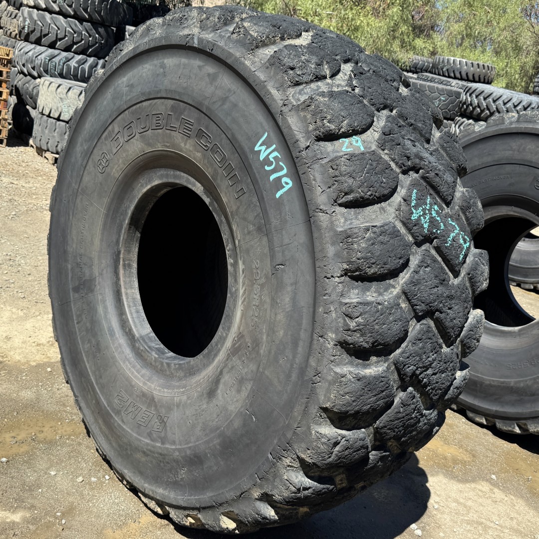 <font color='#da2127' font size ='2'><b>29.5R25 Double Coin OTR Tire E-3 L-3 REM2 29-Ply </font></b><br><font size ='1' color='grey'>CONDITION: </font><font size ='2'>Used<br><font size ='1' color='grey'>TREAD DEPTH:</font><font size ='2'> 29/32nds<br><font size ='1' color='grey'>DETAILS:</font><font size ='2'> Clean, Choppy Tread<br><font size ='1' color='grey'>REF #:</font><font size ='2'> W579<br><font size ='1' color='grey'>LOCATION:</font><font size ='2'> San Jacinto, CA
