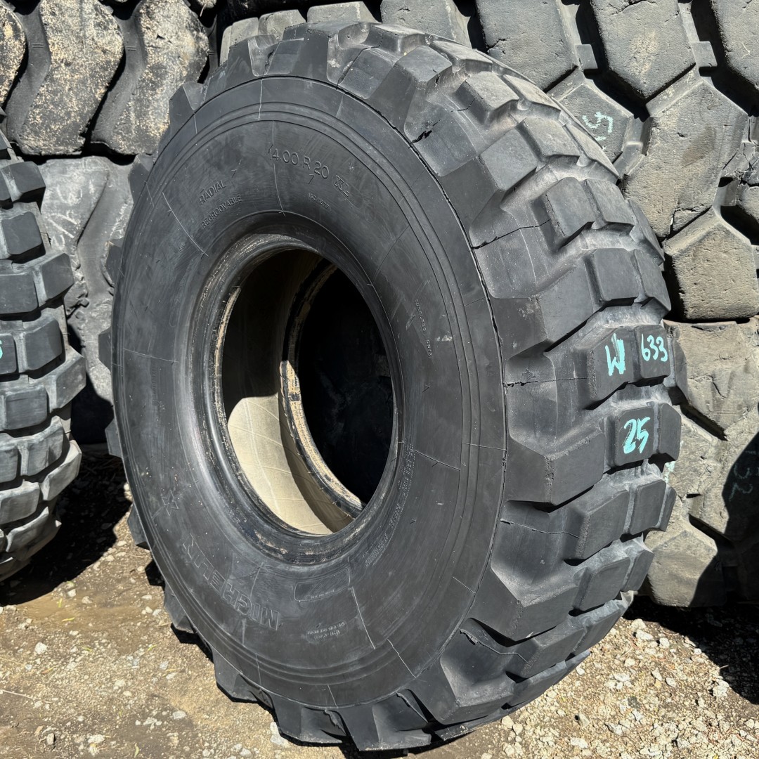 <font color='#da2127' font size ='2'><b>14.00R20 Michelin OTR Tire E-3 M-3 Military XL 18-Ply </font></b><br><font size ='1' color='grey'>CONDITION: </font><font size ='2'>Used<br><font size ='1' color='grey'>TREAD DEPTH:</font><font size ='2'> 25/32nds<br><font size ='1' color='grey'>DETAILS:</font><font size ='2'> Clean, Aged, 2000<br><font size ='1' color='grey'>REF #:</font><font size ='2'> W633<br><font size ='1' color='grey'>LOCATION:</font><font size ='2'> San Jacinto, CA