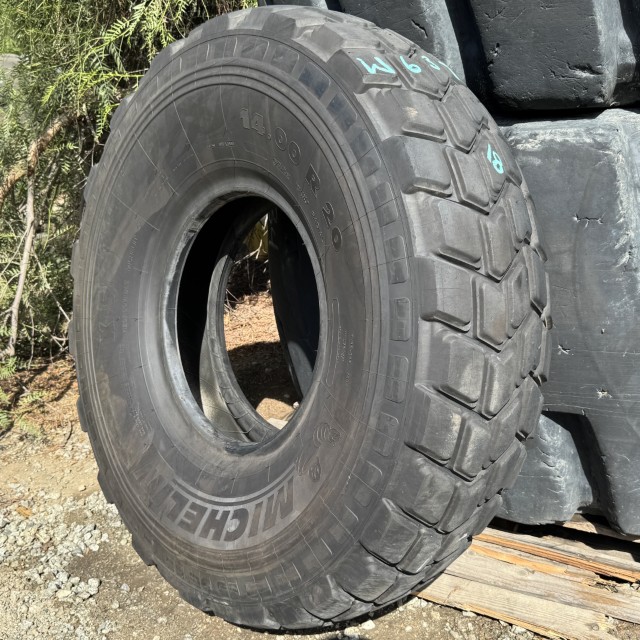 <font color='#da2127' font size ='2'><b>14.00R20 Michelin OTR Tire E-2 M-2 Military XS 18-Ply </font></b><br><font size ='1' color='grey'>CONDITION: </font><font size ='2'>Used<br><font size ='1' color='grey'>TREAD DEPTH:</font><font size ='2'> 18/32nds<br><font size ='1' color='grey'>DETAILS:</font><font size ='2'> Clean<br><font size ='1' color='grey'>REF #:</font><font size ='2'> W637<br><font size ='1' color='grey'>LOCATION:</font><font size ='2'> San Jacinto, CA