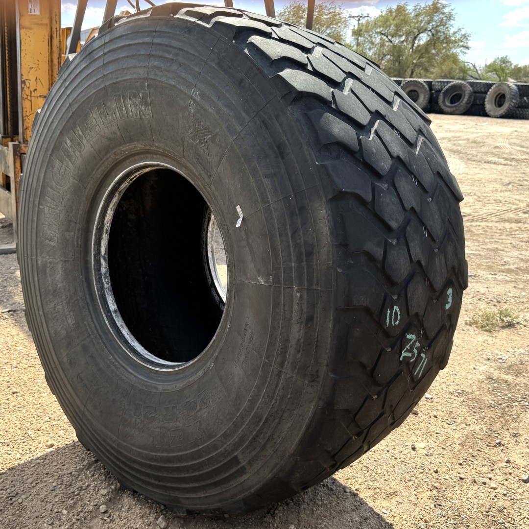 <font color='#da2127' font size ='2'><b>24R21 Michelin OTR Tire M-3 Off-Road XZL Military 16-Ply </font></b><br><font size ='1' color='grey'>CONDITION: </font><font size ='2'>Used<br><font size ='1' color='grey'>TREAD DEPTH:</font><font size ='2'> 6/32nds<br><font size ='1' color='grey'>DETAILS:</font><font size ='2'> Clean, Worn To Casing on One Shoulder<br><font size ='1' color='grey'>REF #:</font><font size ='2'> Z571<br><font size ='1' color='grey'>LOCATION:</font><font size ='2'> Amarillo, TX